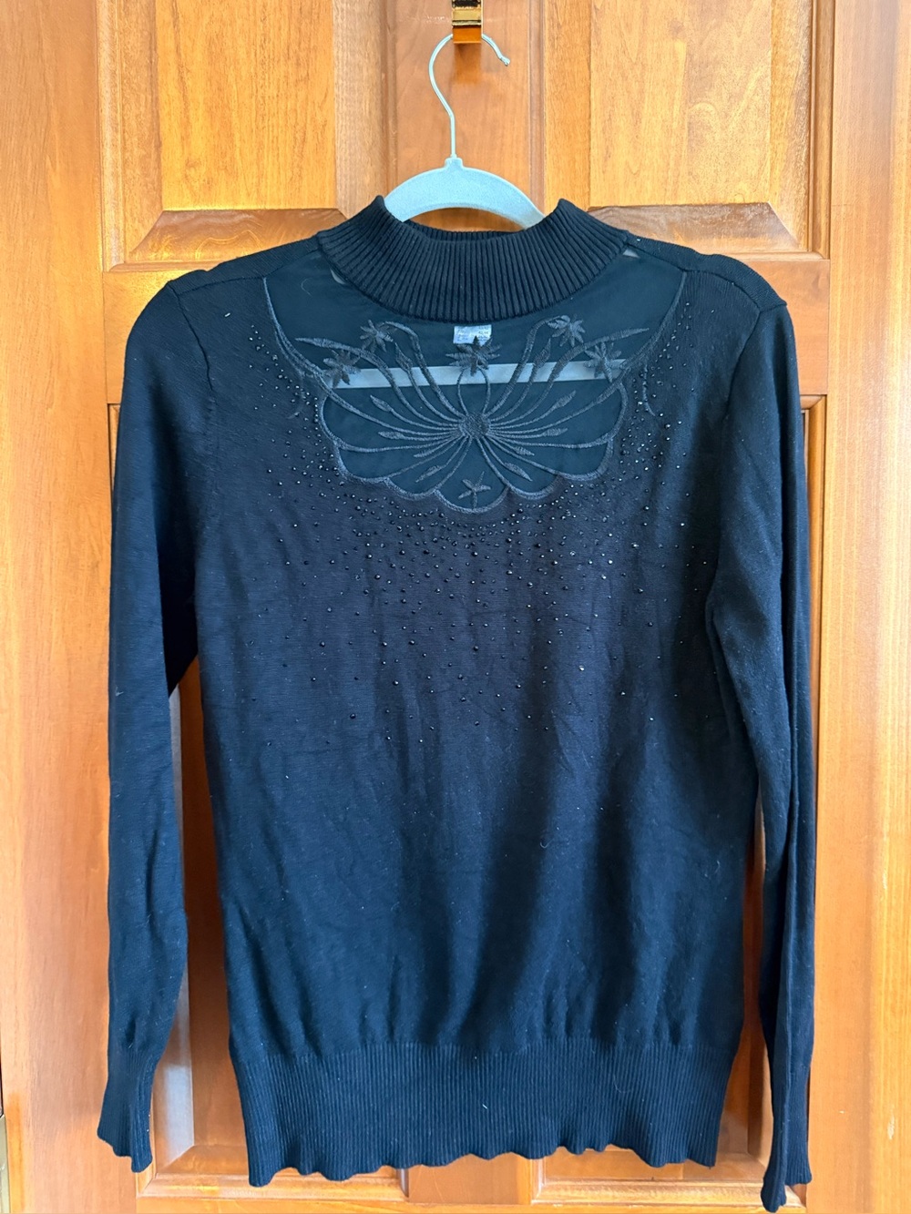 VENUS Black Rhinestone Sheer Lace Mock Neck Sweater M